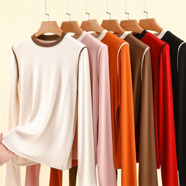 KUMI-Long-Sleeve Round Neck Contrast Trim Tee