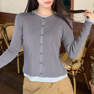 Allinya-Mock Two-Piece Long-Sleeve Two Tone Button Knit Top