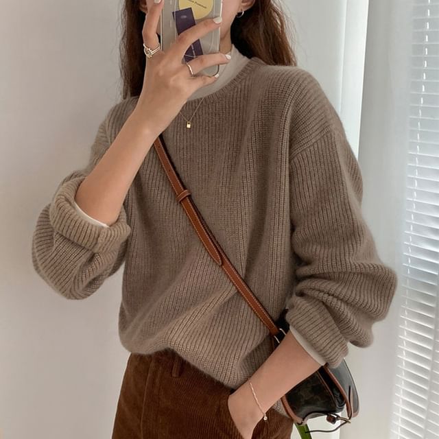 Odestra-Crew Neck Plain Ribbed Sweater