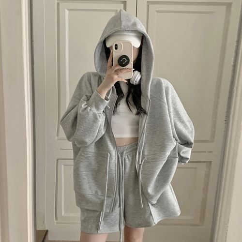 Set Plain Zip Hoodie Drawstring Waist Sweat Shorts