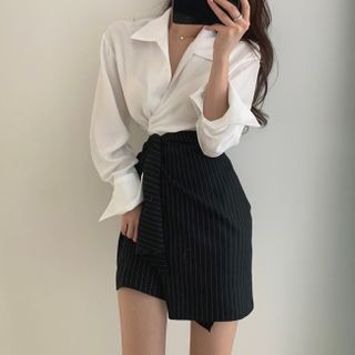 Buy Leoom - Long-Sleeve Tie-Hem Blouse 