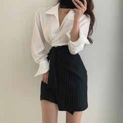 Leoom - Long-Sleeve Tie-Hem Blouse / Pinstriped Asymmetric Mini Straight-Fit Skirt Leoom - Long-Sleeve Tie-Hem Blouse / Pinstriped Asymmetric Mini Straight-Fit Skirt
