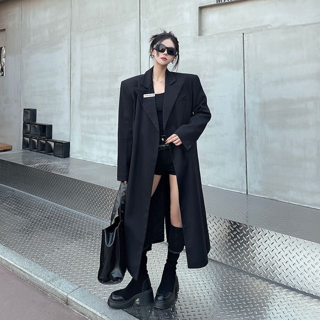Porstina-Peak Lapel Plain One-Buttoned Long Coat