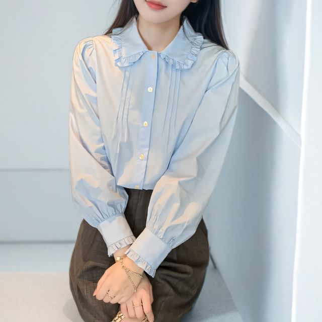 Dragan Pulse-Long Sleeve Collared Plain Frill Blouse