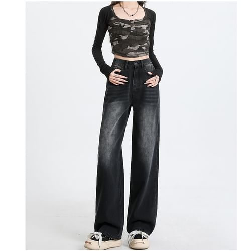 Denimot - High Waist Wide Leg Jeans (Various Designs)