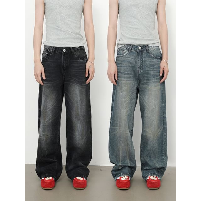 pinkdropper-Washed Straight-cut Loose Jeans