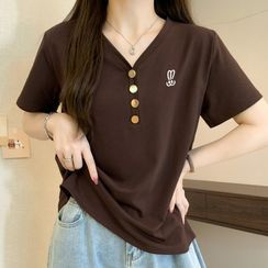 JanQ - Short-Sleeve Square Neck Dotted Blouse
