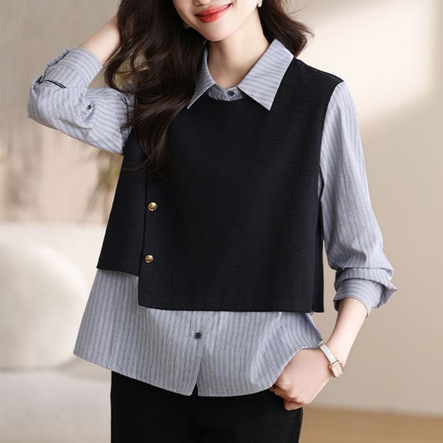 Dragan Pulse-Mock Two-Piece Striped Panel Knit Top