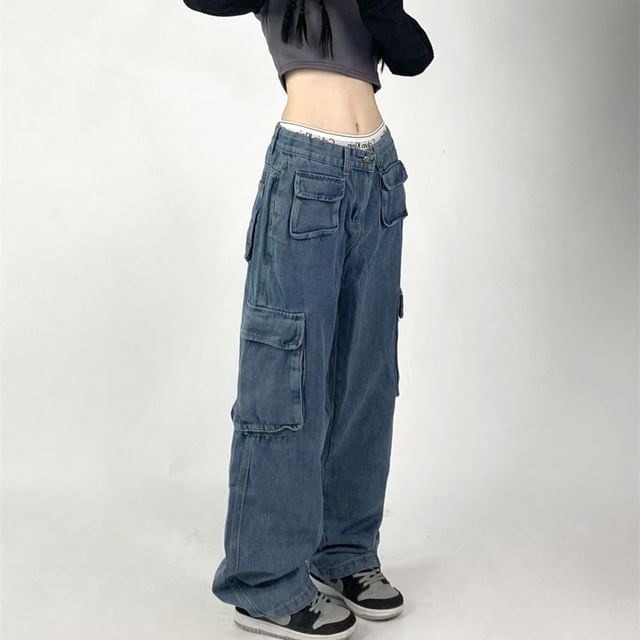 LINSI Low-Rise Pocket Washed Loose-Fit Cargo Jeans YesStyle
