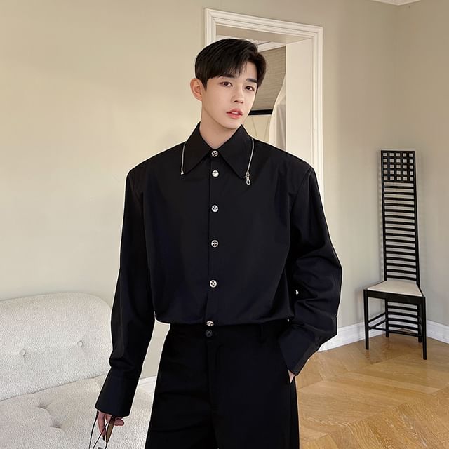 Patow-Long Sleeve Collared Plain Zip Detail Shirt
