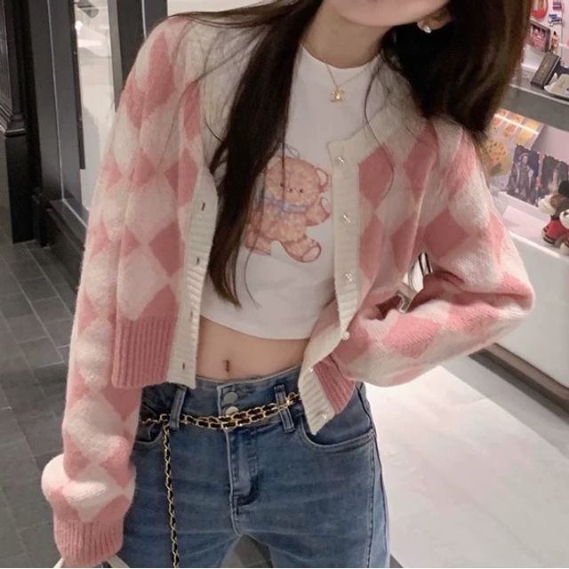 Odestra-Round Neck Argyle Cropped Cardigan