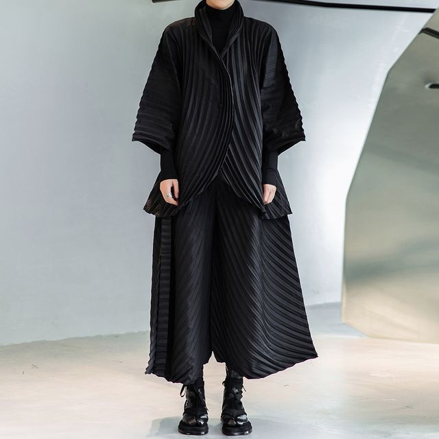 SIMPLE BLACK-34-Sleeve Pleated Jacket Wide Leg Pants