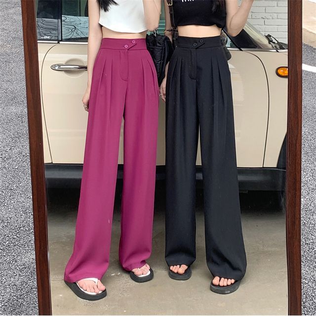 Ruby Ree - High Waist Plain Wide Leg Pants | YesStyle