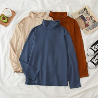 Edise - Turtleneck Plain T-Shirt / Turtleneck Striped T-Short | YesStyle