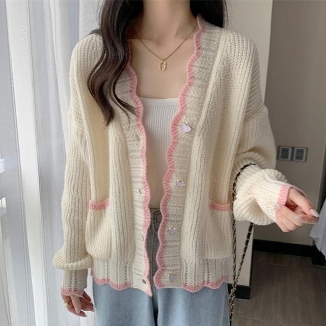 Sisyphi-Frill Trim Contrast Trim Button-Up Cardigan