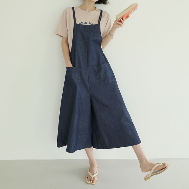 BBAEBBAE Cropped WideLeg Denim Jumpsuit YesStyle