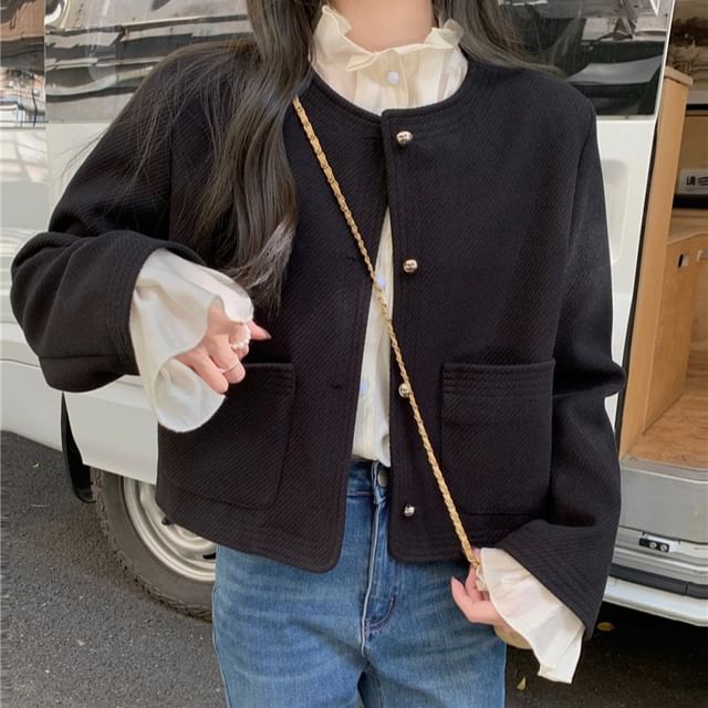 ANORA-Button-Up Plain Crop Jacket Long-Sleeve Plain Blouse