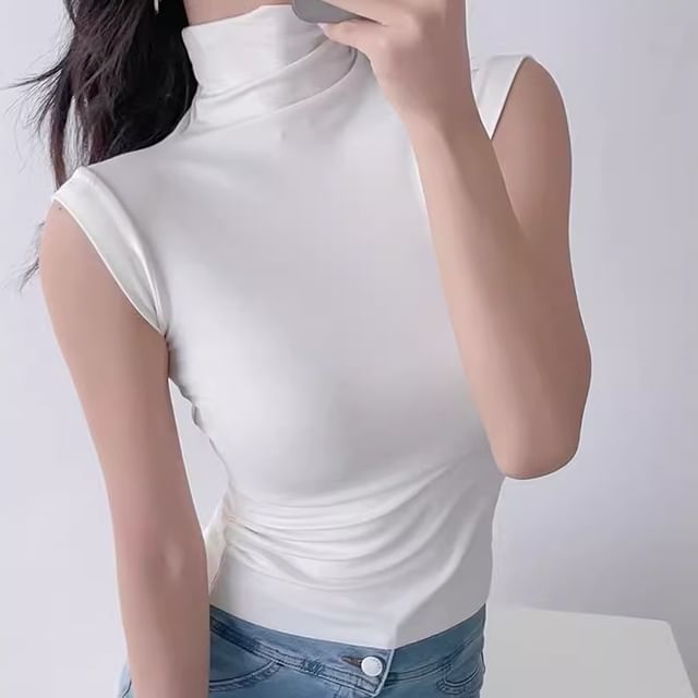 Allinya-Sleeveless Turtleneck Plain Slim Fit Top