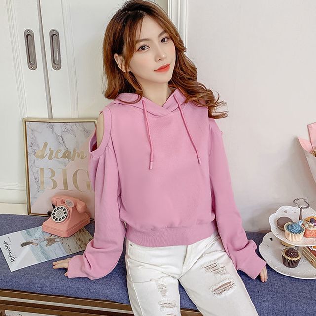 Everose-Cold Shoulder Plain Hoodie