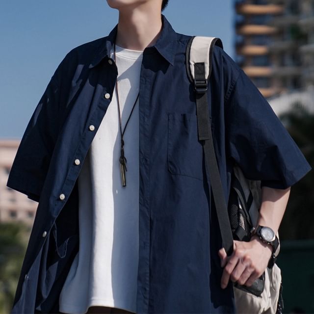 WidoWilder-Elbow-Sleeve Plain Button-Up Shirt