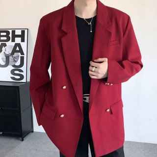 Orungeetun-Lapel Collar Plain Double Breasted Oversized Blazer