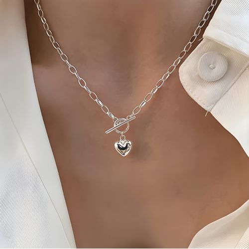 Cubic Zirconia Heart T-Bar Solid Sterling Silver Necklace