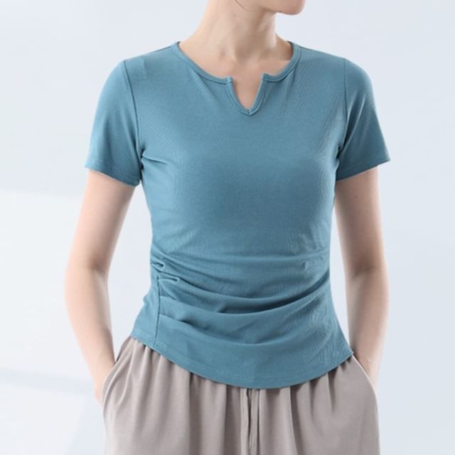 femmal-Notch Neck Plain Ruched Tee Various Designs