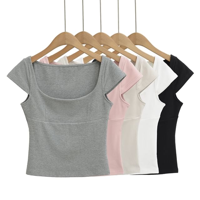 Ulark-Short Sleeve Square Neck Plain Crop T-Shirt