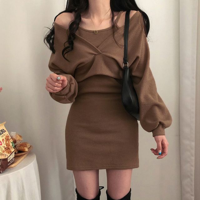 cropped sweater over bodycon dress Ribbed Knit Square Neck Bodycon Sweater Dress – Charming Charlie main image 0