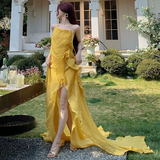 JIYON-Halter Plain Open Back Asymmetrical Slit Maxi A-Line Sundress Various Designs