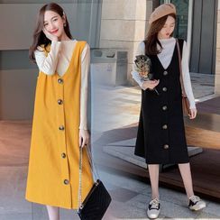 Mammi - Maternity Set: Long-Sleeve Knit Top / Buttoned Midi A-Line Pinafore Dress Mammi - Maternity Set: Long-Sleeve Knit Top / Buttoned Midi A-Line Pinafore Dress