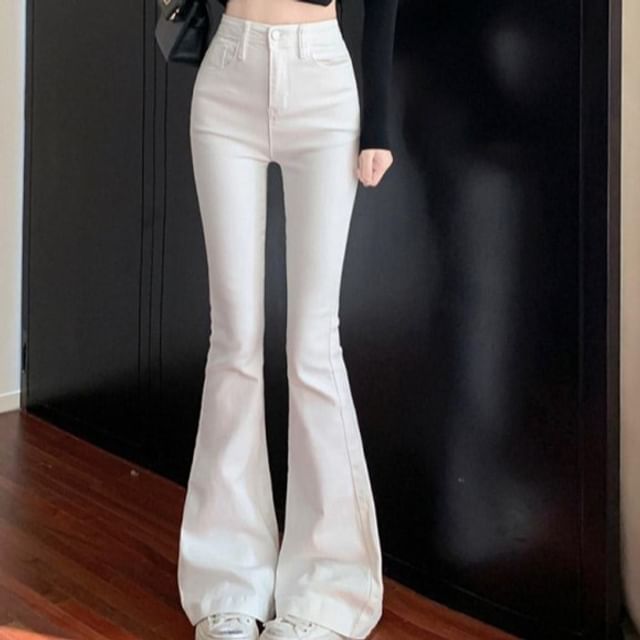 Wildfoea-High Waist Plain Flared Jeans