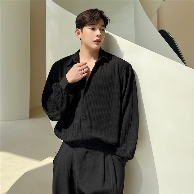 Freehop-Puff-Sleeve Ribbed Shirt
