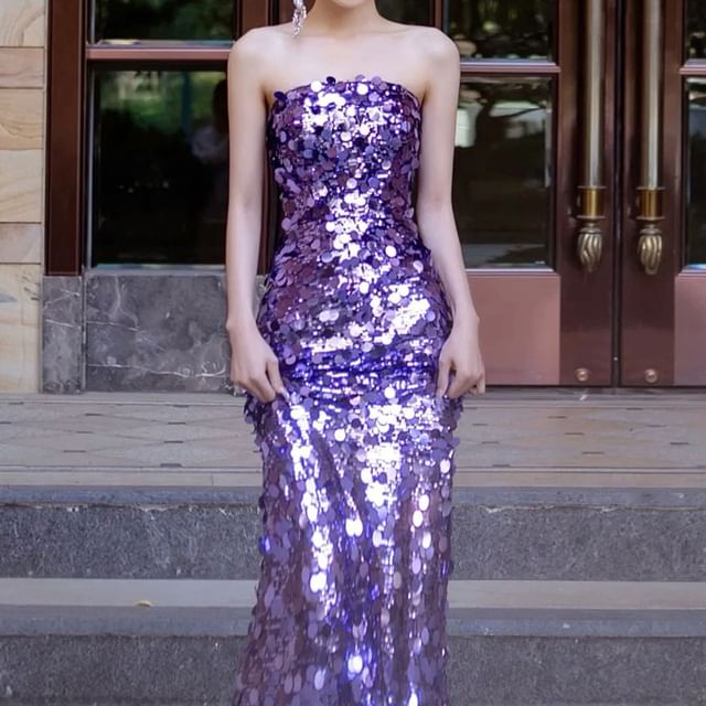 MSSBridal-Strapless Plain Sequin Mermaid Evening Gown
