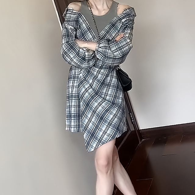 navy blue dress for baby girl PATCHWORK PLAID DENIM MINI DRESS – AKIRA main image 0