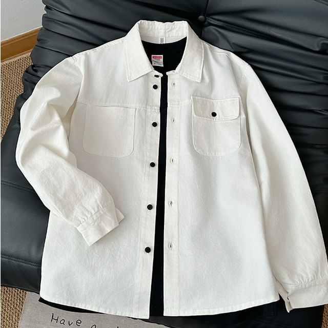Plummie-Long Sleeve Collared Plain Button Up Shirt