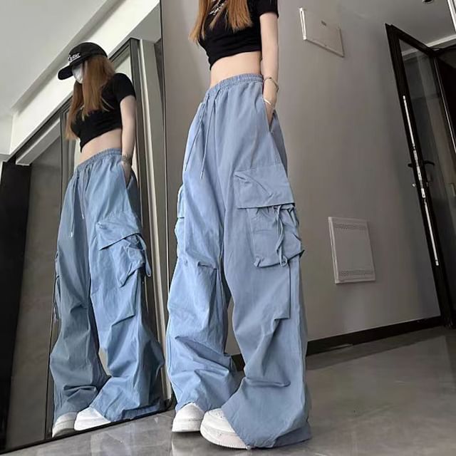 Everose-Mid Waist Plain Wide Leg Cargo Pants
