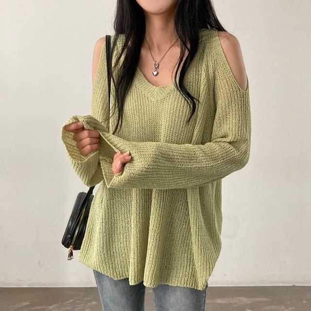 PINPI-V-Neck Cold-Shoulder Plain Sweater