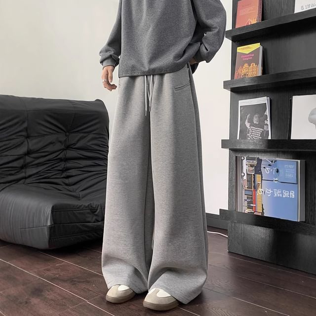 Neonity Wear-Drawstring Waist Plain Wide Leg Sweatpants