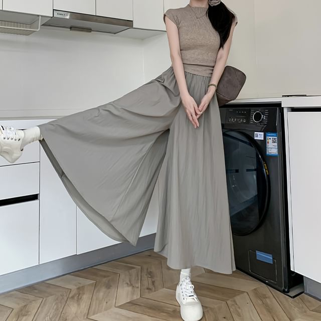 evanesce-High Rise Wide Leg Plain Skort
