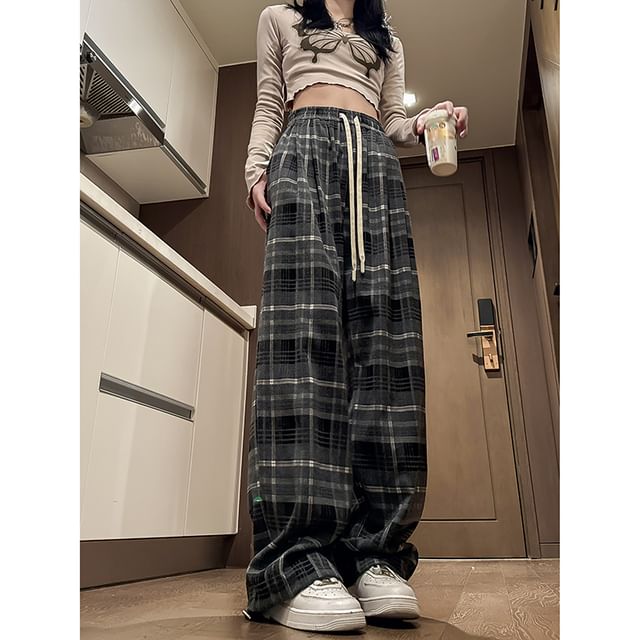 Samso-Drawstring Waist Plaid Wide Leg Pants