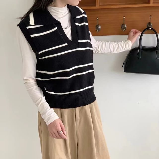 Odestra-Collared Open Placket Striped Sweater Vest