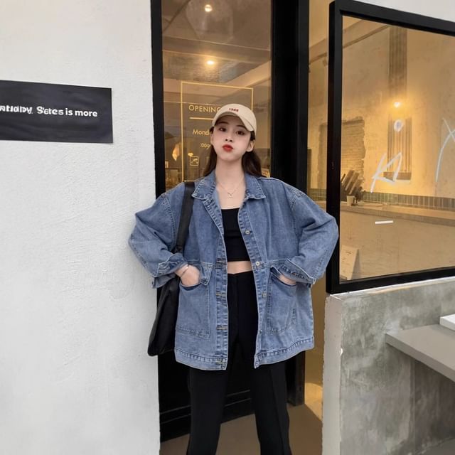 Lexama-Collared Washed Denim Button Down Jacket