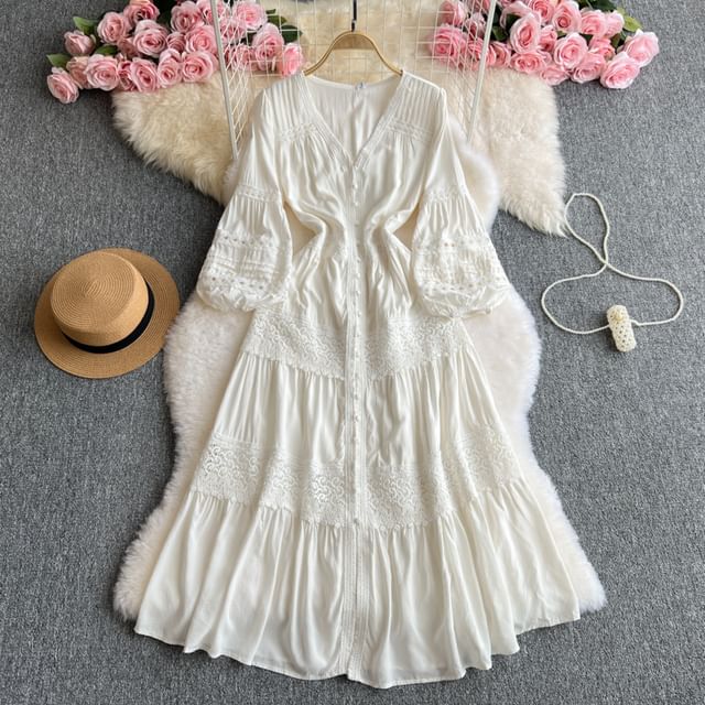 Moanum-Long Sleeve V-Neck Plain Pintuck Button Panel Lace Maxi A-Line Dress