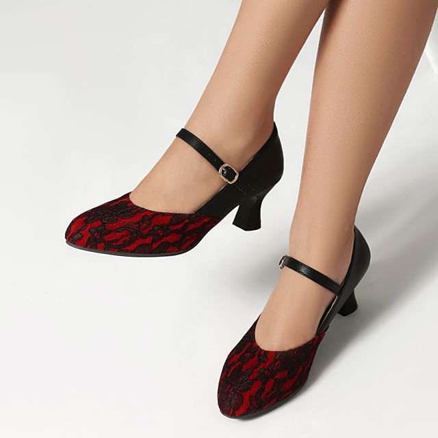Megan-High Heel Lace Panel Mary Jane Pumps