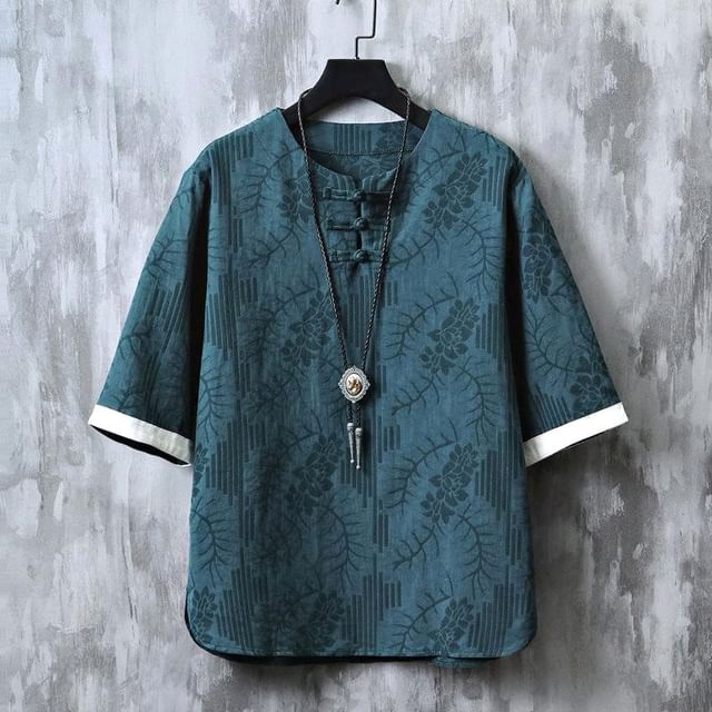 Blueforce-Elbow-Sleeve Frog Buttoned Jacquard Top