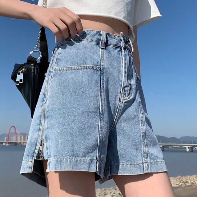 Side Zipper Denim A-Line Shorts 