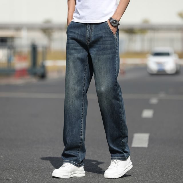 Denimic-Mid Rise Washed Straight Leg Jeans