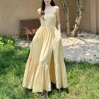 Fioridi-Halter Pinstriped Ruffle Maxi Sundress