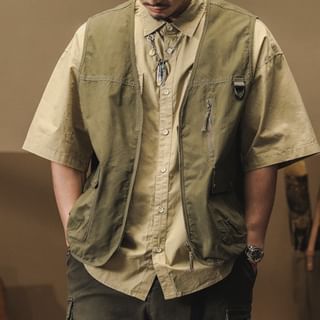 Nataro-V-Neck Zip-Up Plain Cargo Vest